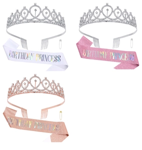 Detailed set of glitter birthday sashes and rhinestone crowns in silver and rose gold