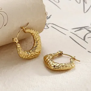 Hammered Hoop Earrings Stainless Steel Geometric C Shaped Textured Retro French Style Jewelry For Women