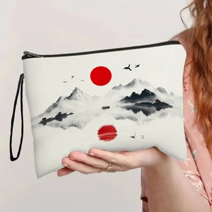 Ink landscape painting cosmetic bag with sun and mountain print and black handle