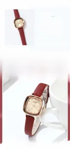 Detail view of GEDI vintage square gold watch case with elegant red leather strap
