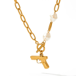 Collier En Acier Inoxydable Avec Künstliche Perle Naturelle Et Pendentif Pistolet Hip Hop Streetwear Fermoir OT Grosse Chaîne