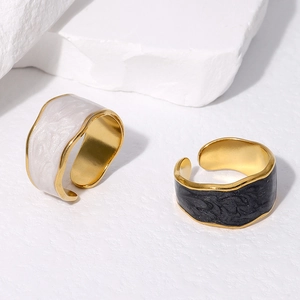 Minimalist stainless steel open rings with black and white enamel in gold finish