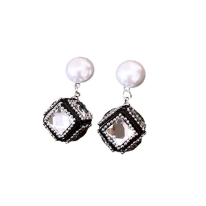 French vintage silver needle earrings with white pearls and black zircon cubes
