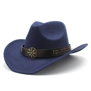 Vintage navy felt cowboy hat with brown leather band and metallic bull-head floral studs