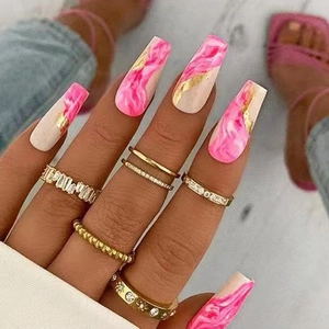 Long Ballerina Press On Nails Pink Marble Splicing Gold Powder Shimmering Fake Nails Glue On Nails For Women Manicure Art