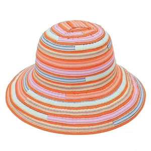 Detail of multi-colored striped straw sun hat featuring a vibrant woven pattern and wide brim
