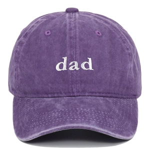 Close-up of vintage washed purple cotton baseball cap with white dad embroidery detail