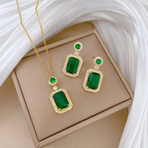 Retro Rectangle Zircon Titanium Steel Chain Copper Necklace Earrings Women Elegant Luxury Jewelry Silver Earring Post