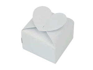 Detailed view of white pearlescent paper candy box with creative heart-shaped closure