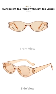 Detailed front and side views of cat-eye sunglasses in transparent tea brown finish