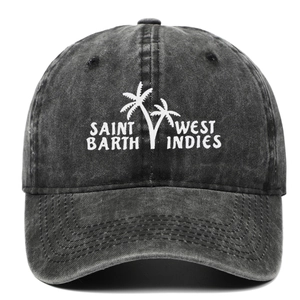 Washed black cotton baseball cap with embroidered palm tree and Saint Barth lettering