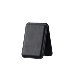 Magnetic leather wallet and stand for iPhone 16 MagSafe in black standing on white background