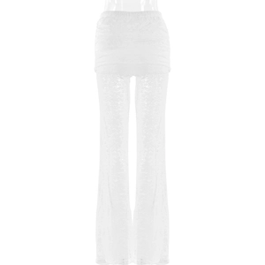 Detail der weißen High-Waist-Spitzenhose mit halbtransparentem Stoff und Schlagdesign