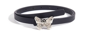 Close-up of thin black leather belt featuring a silver butterfly metal buckle design