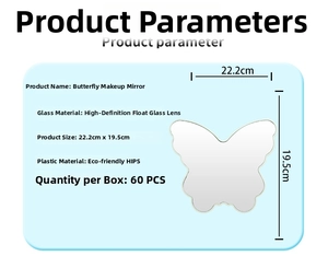 Macro view of butterfly makeup mirror specifications and 22.2cm x 19.5cm size chart