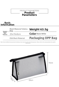 Detailed view of the EVA mesh wash bag with dimensions 23x15x9cm and logo label