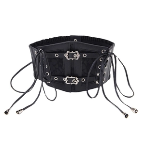 Retro black leather corset belt with lace details and metallic buckle fasteners