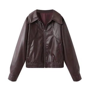 Detailed view of deep wine red PU leather jacket featuring lapel and zip-up front