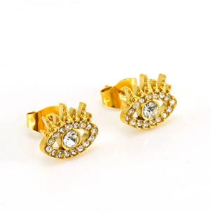 Detailed close-up of gold-plated evil eye stud earrings featuring zircon and eyelash design