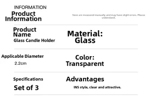 Detailed specifications for a set of three clear glass candle holders with 2.2cm opening
