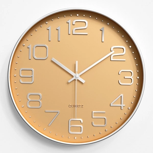 Modern 12-inch round wall clock with silent quartz movement and gold 3D numerals