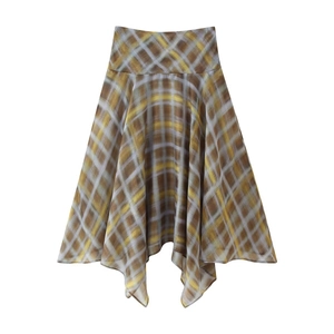 Vintage plaid set for women with high waist handkerchief skirt in brown and yellow