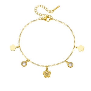 Elegant gold-plated stainless steel floral bracelet with sparkling zircon heart charms