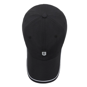 Quick-dry black baseball cap with R logo and white striped brim for outdoor sun protection