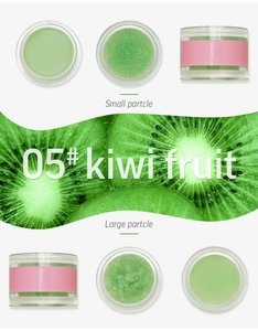 Detailed macro view of 05# kiwi fruit lip scrub showing both small and large particles