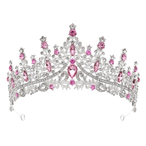 Détail de couronne de mariée avec cristaux roses en goutte et placage argenté fin