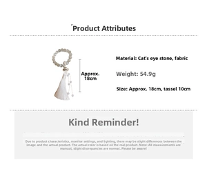 Detailed specs of cat eye stone lotus bracelet with tassel showing 18cm total length