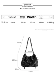 Size guide with dimensions for the stylish PU leather pleated chain underarm handbag