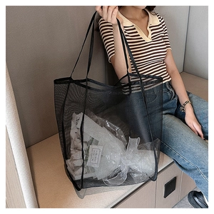 Detail of black mesh tote bag showing large capacity and semi-transparent nylon texture