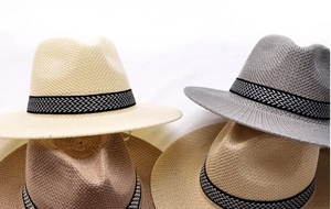 Variety of woven straw sun hats for men in beige, grey, khaki and coffee brown colors