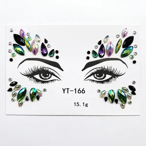 Macro detail of YT-166 emerald and purple acrylic face gem stickers for party makeup