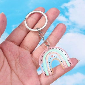 Detail of colorful rainbow acrylic keychain with red heart detail against blue sky