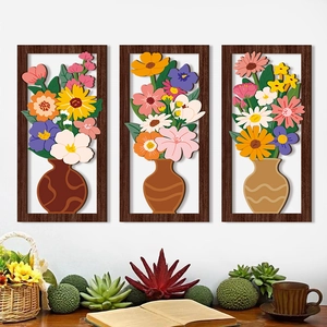 Juego Decoración Pared Madera Florero Hueco 3D Bohemio Placa Colgante Madera Floral Retro para Sala de Estar Dormitorio Oficina Hogar