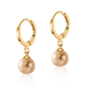 Elegant 18K gold plated hoop earrings with champagne pearls on a white background