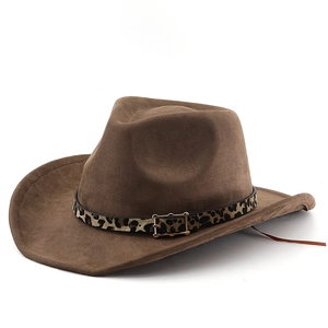 Brown faux suede western cowboy hat with leopard print belt and metal buckle