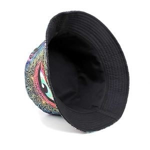 Detail of colorful mandala print bucket hat with eye graphic and black lining interior