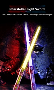Close-up of 2-in-1 retractable laser swords with multi-color LED lights and battle sound effects