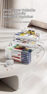 Three-layer folding home medicine box with transparent shell and portable handle design
