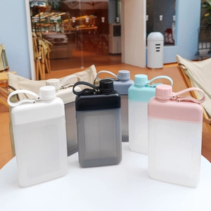 Flat square plastic water bottles in six colors with stylish carry straps on table