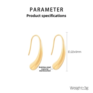 Detail view of 22x5mm gold-toned stainless steel teardrop earrings with dimensions