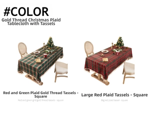 Detail of festive Christmas plaid tablecloth with gold thread and cream tassels
