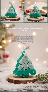 Detail of layered Christmas tree scented candle with star topper on rustic wood base