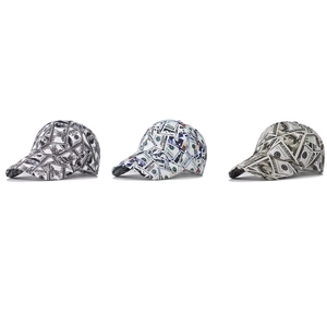 Three oversized baseball caps with dollar bill print patterns in various color tones