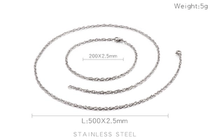 Detailed size chart for silver stainless steel chain necklace and bracelet set 5g