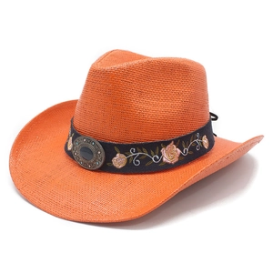 Detail of orange straw cowboy hat featuring floral embroidery and vintage metal buckle