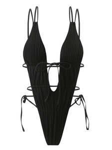 Costume intero nero a coste con scollo a V profondo e dettagli con coulisse sui fianchi